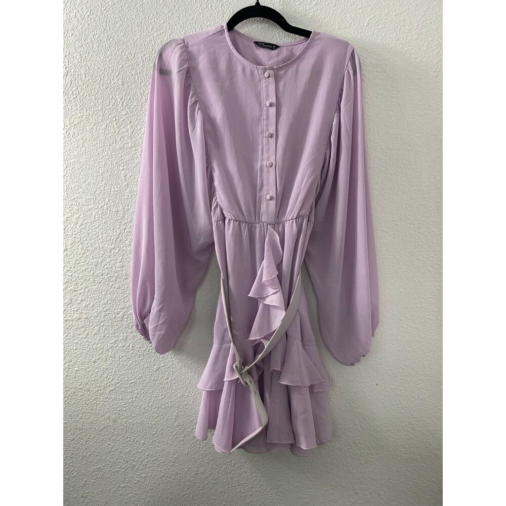 Simplee Ruffle Layered Dress Womens Size Medium Long Sleeve Belted Purple Button